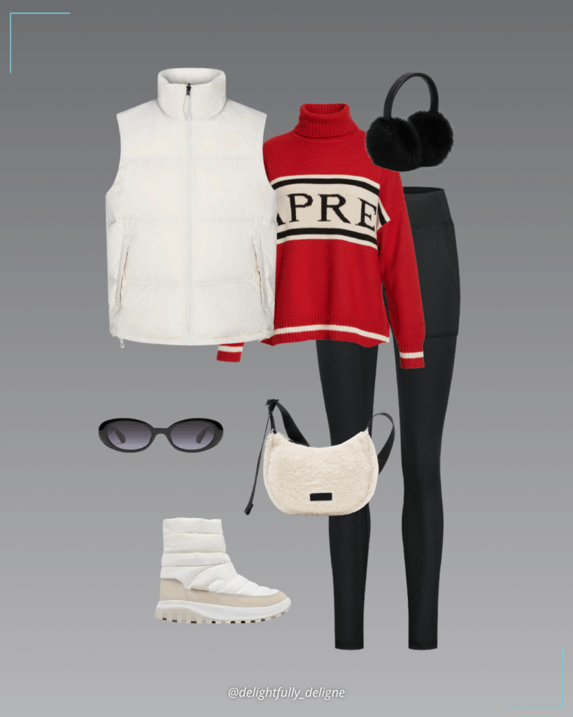 The North Face x SKIMS 1996 Nuptse vest, Après Summit graphic knit turtleneck sweater, Backcountry Pro winter leggings, Snowtrot™ mid boots, mini crescent bag, faux-fur earmuffs and Quay Felt Cute sunglasses.