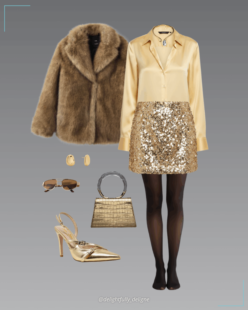 Gold metallic sequin mini skirt, yellow silk shirt, faux-fur coat with lapels, gold metallic slingback pumps, gold lucite quad handbag, liquid lucite sprout collar, stud earrings & aviator sunnies.