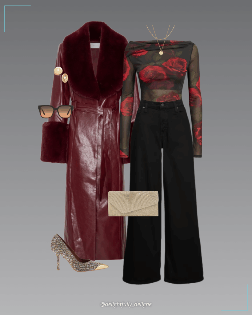 Faux leather trench coat with faux fur, one-shoulder mesh top with red roses, Ultrasoft baggy jeans, pointed-toe pumps, glitter purse formal evening bag, coin necklace set, circle stud earrings & sunglasses.