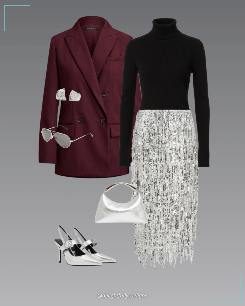 Sequined fringed midi skirt, turtleneck sweater, dark garnet double-breasted twill blazer, crinkled silver metal-handle handbag, metallic crystal-buckled pumps, stud earrings & sunglasses.