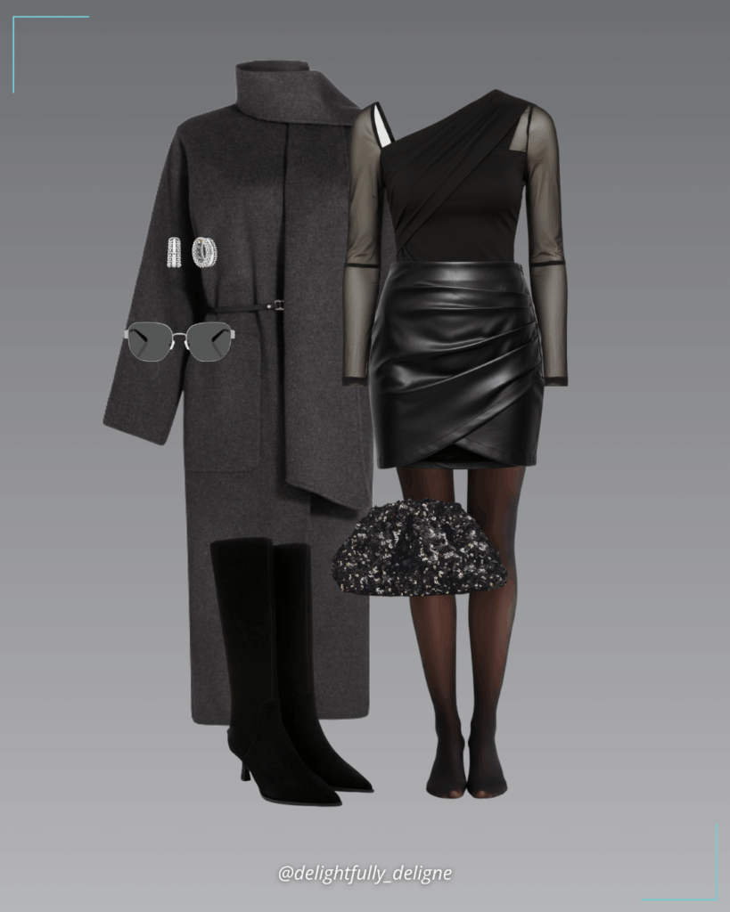 Asymmetric-neck mesh long-sleeve bodysuit, asymmetric faux-leather mini skirt, shawl-collar maxi wool coat, suede pointed-toe kitten-heel knee-high boots, signature caviar huggie hoops, geometric sunglasses, opaque tights & a sequin slouchy clutch.