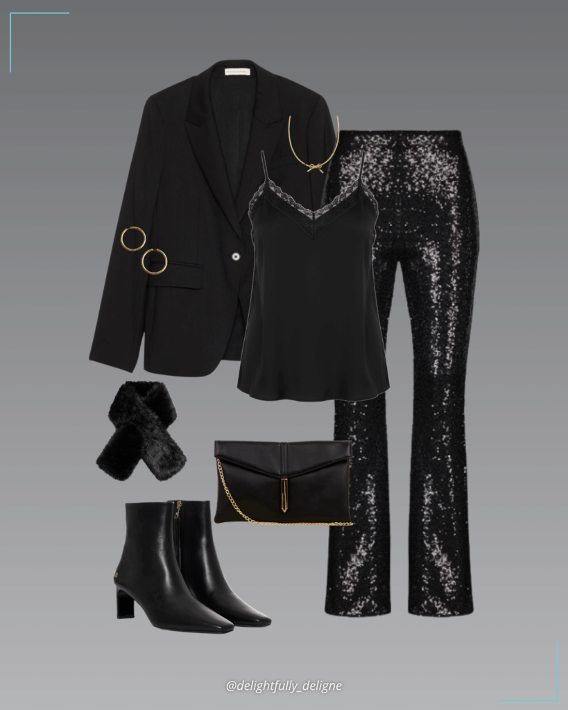 Sequin flare pants, lace-trim satin cami top, slim Italian wool blazer, faux-fur scarf, ankle boots, faux-leather bag, chunky large hoops & snake-chain bow necklace.