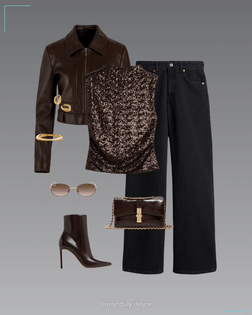 High-rise wide-leg jeans, sequined top, faux leather shrunken moto jacket, closed pointy-toe bootie, crossbody bag, metal hinge collar, oval sunglasses & medium hoop earrings.