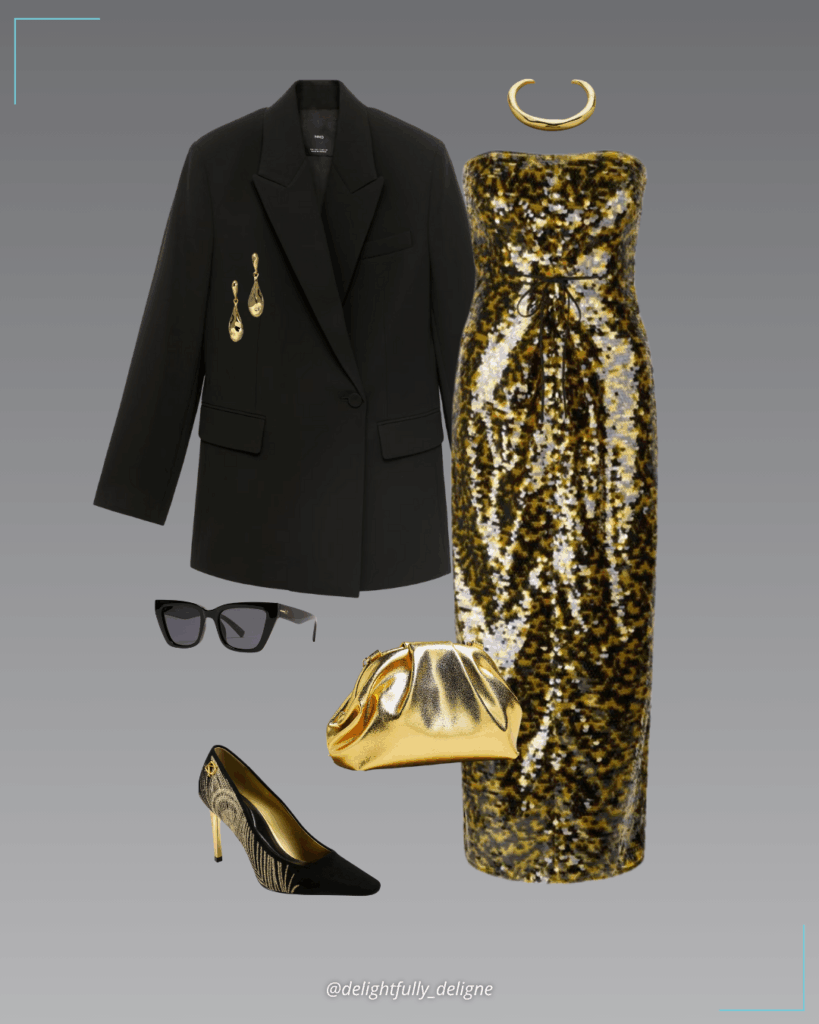 Sequined strapless maxi dress, double-breasted suit blazer, metallic faux-leather clutch, stiletto pumps, metal hinge collar, gold teardrop post earrings & Le Coeur sunnies.