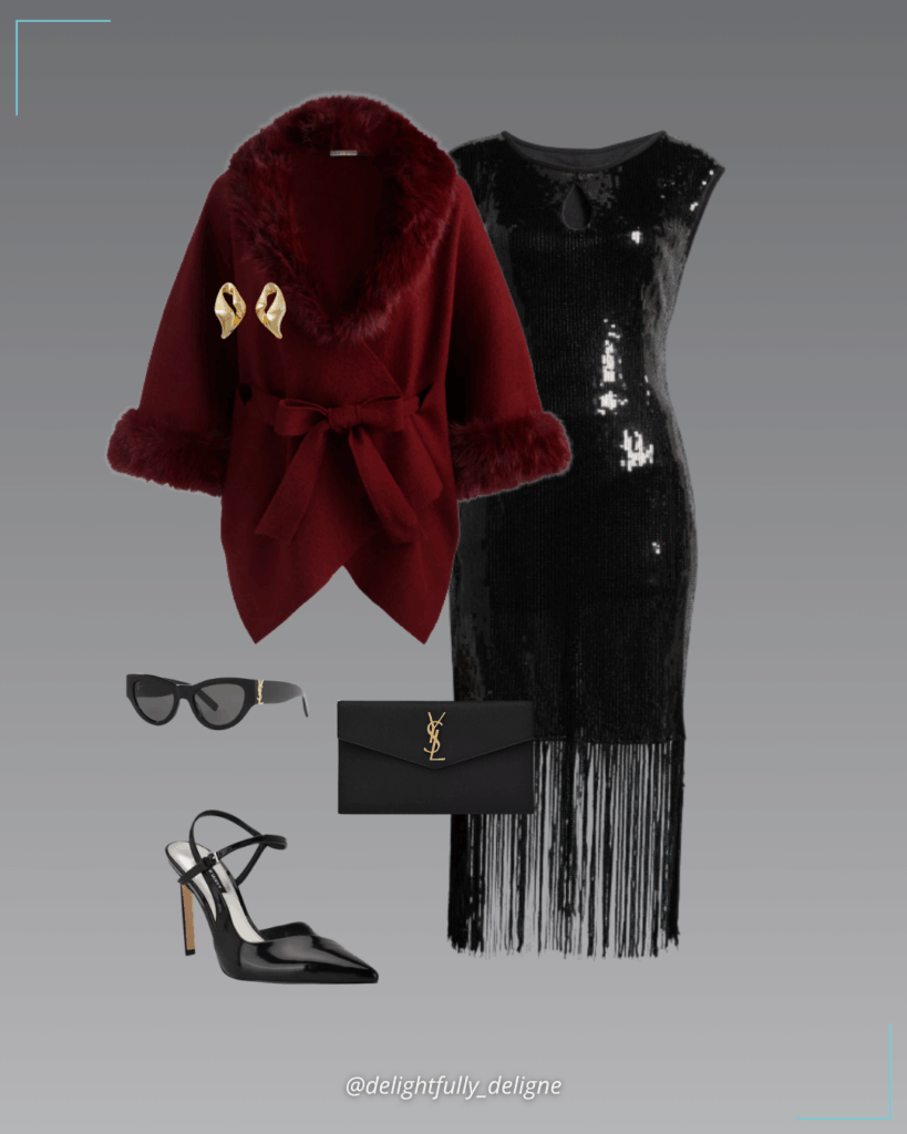 Sequin fringe-hem cocktail dress, wool coat with faux-fur trim, ankle-strap pointed-toe pumps, Uptown clutch, twisted sculptural hoop earrings & sunglasses.
