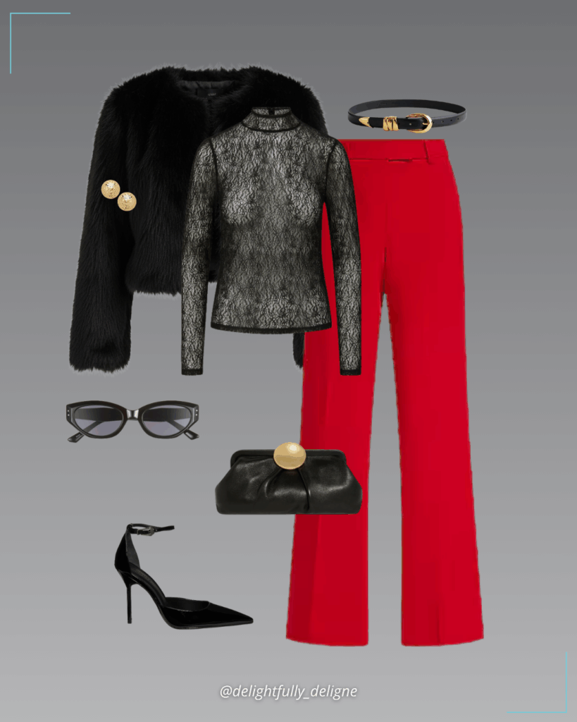 Stretch mid-rise wide-leg pants, lace mock-neck top, black faux-fur jacket, patent leather pumps, triple-metal keeper belt, full-circle frame clutch, textured ball stud earrings & oval sunglasses.
