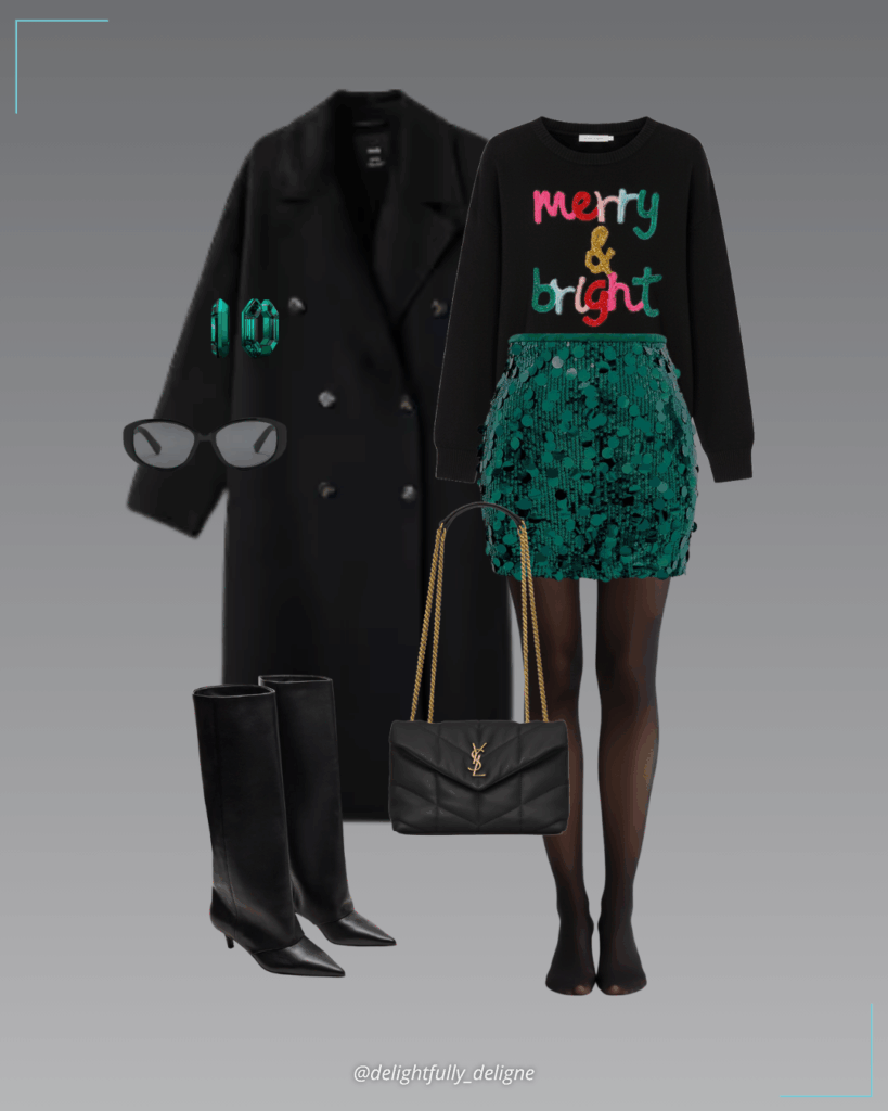 Sequin mini skirt, Merry Christmas round-neck sequin-letter sweater, oversized wool coat, black leather boots, Toy Puffer lambskin shoulder/crossbody bag, resin-frame sunglasses, green octagon-shaped crystals small hoop earrings.