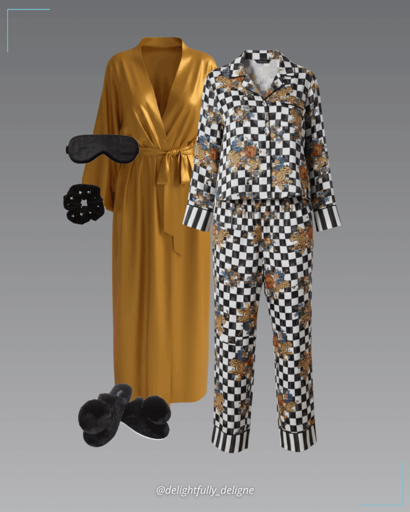 Eco satin Soho set in Courtly Check Bagheera, long silky robe, faux-fur pom slippers, black silk sleep mask & velvet scrunchie.