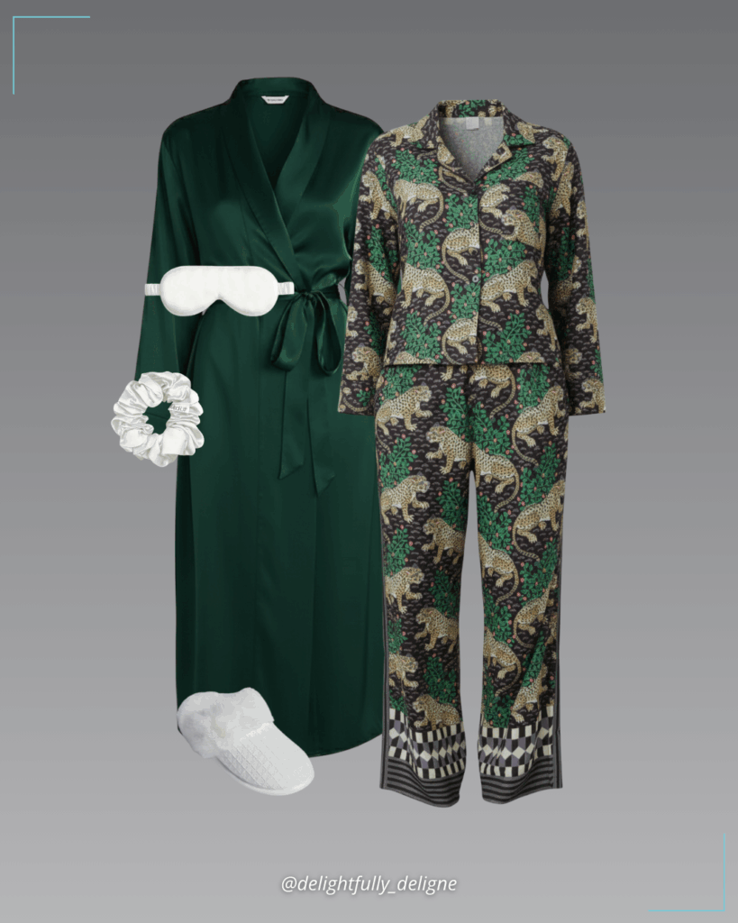 Eco satin Rittenhouse set in Bagheera, satin scrunchie, white waffle plush mule slippers, silk sleep mask & washable silk robe.