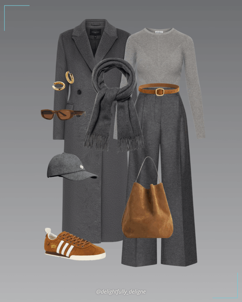 Single-pleat wool trousers, tailored double-breasted coat, knit long-sleeve crew, chunky yarn scarf, sculptural buckle belt, brown Samba sneakers, wool logo cap, square sunnies and gold earrings.