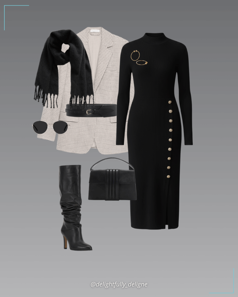 Ribbed button sweater dress, boyfriend Italian flannel blazer, wide PU leather belt with gold-tone buckle, tall boots, mini convertible purse, round gold sunglasses, brushed fringed scarf and icon hoops.