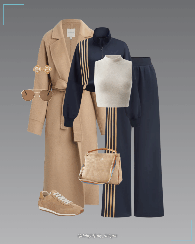Brushed knit mock-neck tank top, quadruple stripe cropped sweatshirt, quadruple stripe sweatpants, wool-blend self-belt coat, runner sneakers, bag, baguette crystal flower earrings and sunglasses.