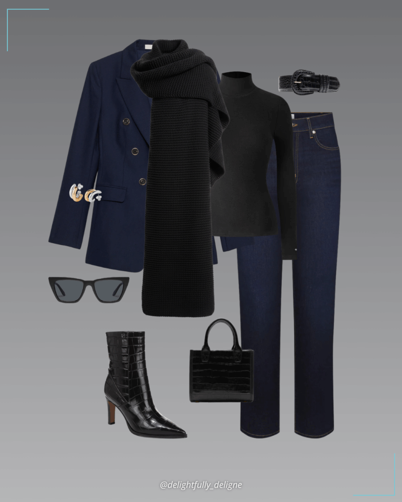 Turtleneck brami, captain’s blazer, straight-leg high-rise jeans, croc-pointed booties, croc-embossed waist belt, croc micro crossbody, extra-long Bronx scarf, Florence earrings and sunglasses.