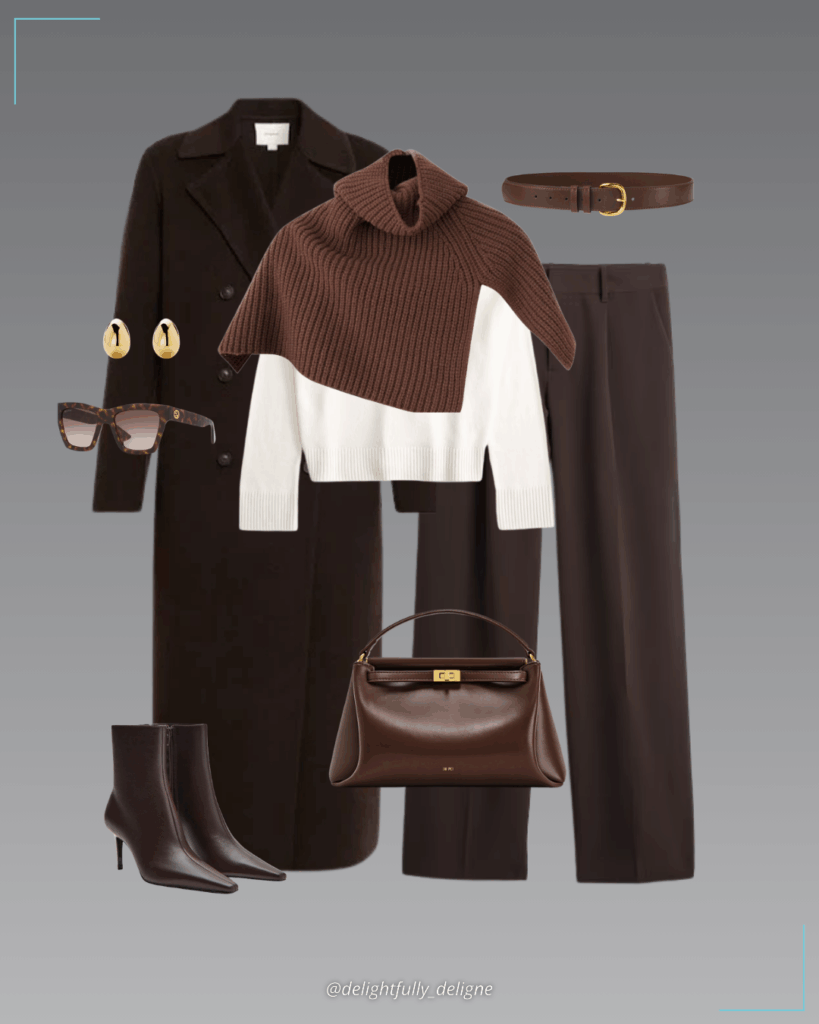 Cream crew sweater, double-breasted long wool-blend coat, pullover high-collar split scarf, low-rise pleated wide-leg trousers, classic buckle belt, croco small belted clutch and large sunglasses.
