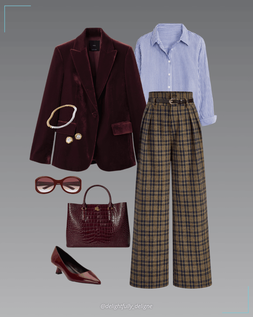 Structured velvet blazer, striped relaxed perfect shirt, belted plaid high-waisted pants, large embossed satchel bag, kitten-heel leather stiletto pumps, oval sunglasses, Sofia choker and molten bezel stud earrings.