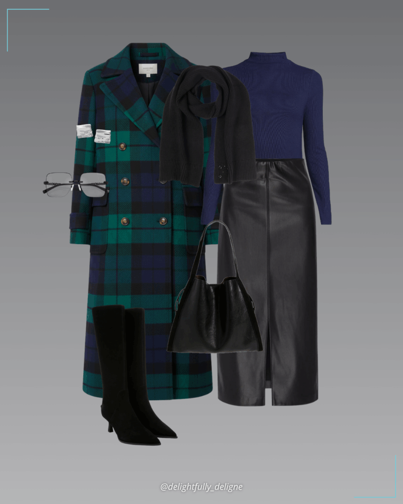 Leather midi skirt, rib-skimming long-sleeve mock neck, rainforest plaid fitted double-breasted coat, suede pointy-toe knee-high boots, faux-leather shoulder bag, black knit scarf, silver earrings and sunglasses.