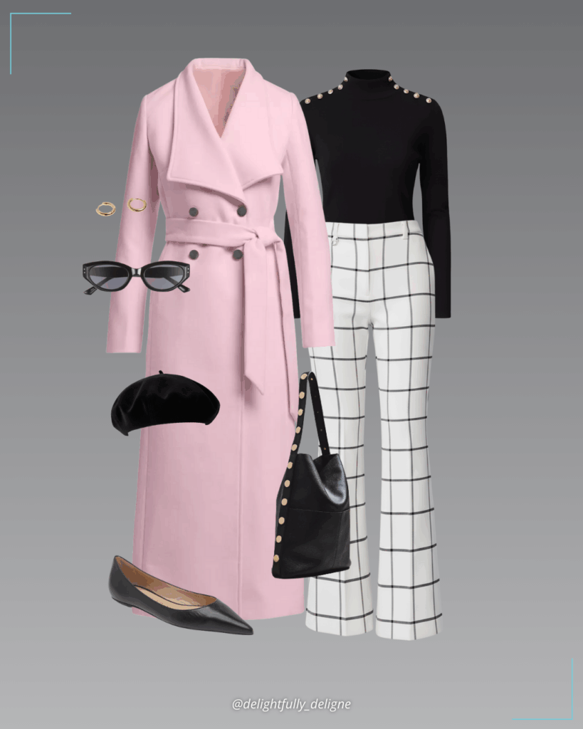 Button mock-neck sweater, slim flare trouser in windowpane, luxe shawl-collar full-length double-breasted coat, studded vegan-leather north-south tote, pointed-toe flats, Sade suede beret, huggie hoop earrings and oval sunglasses.