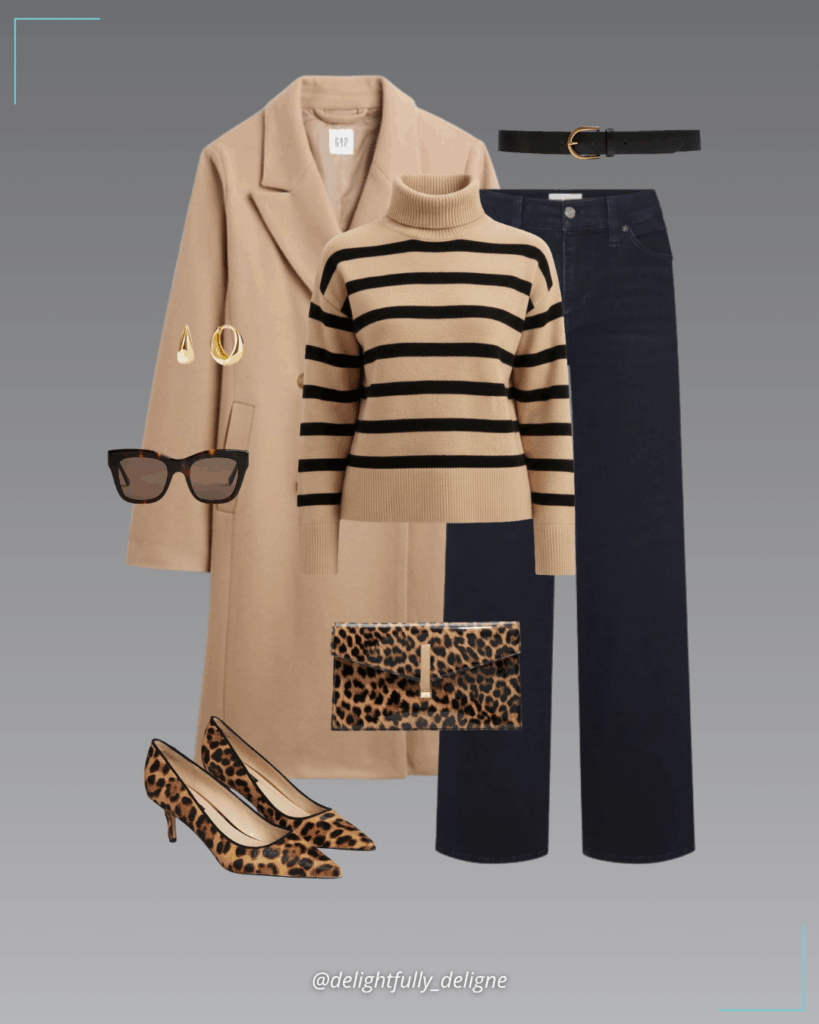 Stripe sweater, high-rise wide-leg jeans, relaxed topcoat, suede leopard pumps, leopard-patent envelope clutch, leather trouser belt, bold huggie hoops and cat-eye sunglasses.