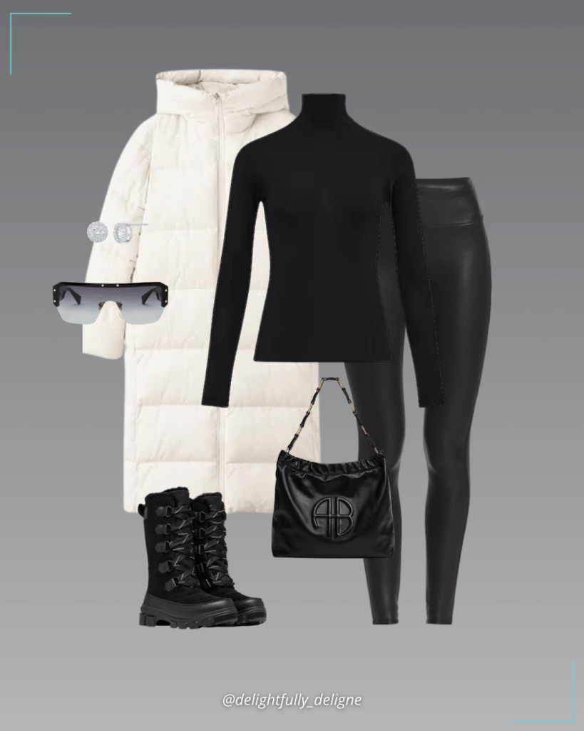 Mock-neck long sleeve tee, cream hooded long-line puffer jacket, faux leather leggings, shoulder bag, visor sunglasses, cubic zirconia round stud silver-plated earrings and tall waterproof boots.