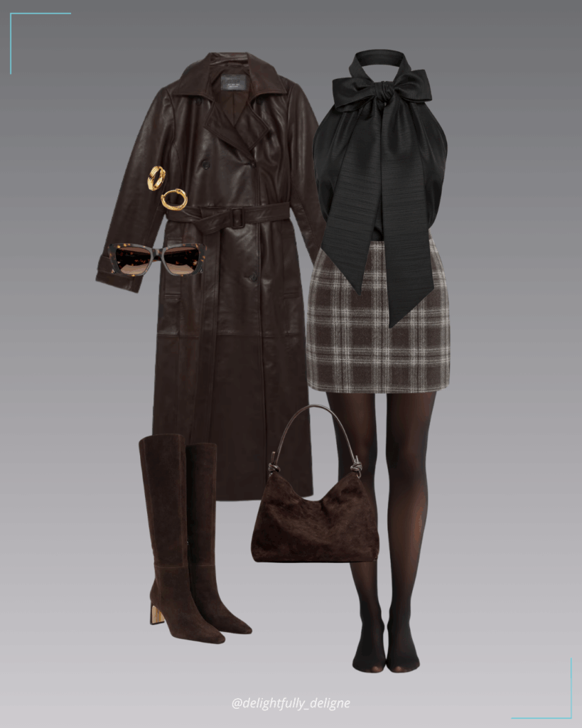 Plaid tweed mini skirt, bow top, chocolate leather double-breasted trench coat, suede knee-high boots, suede knot hobo bag, twisted huggie earrings and polarized sunnies.