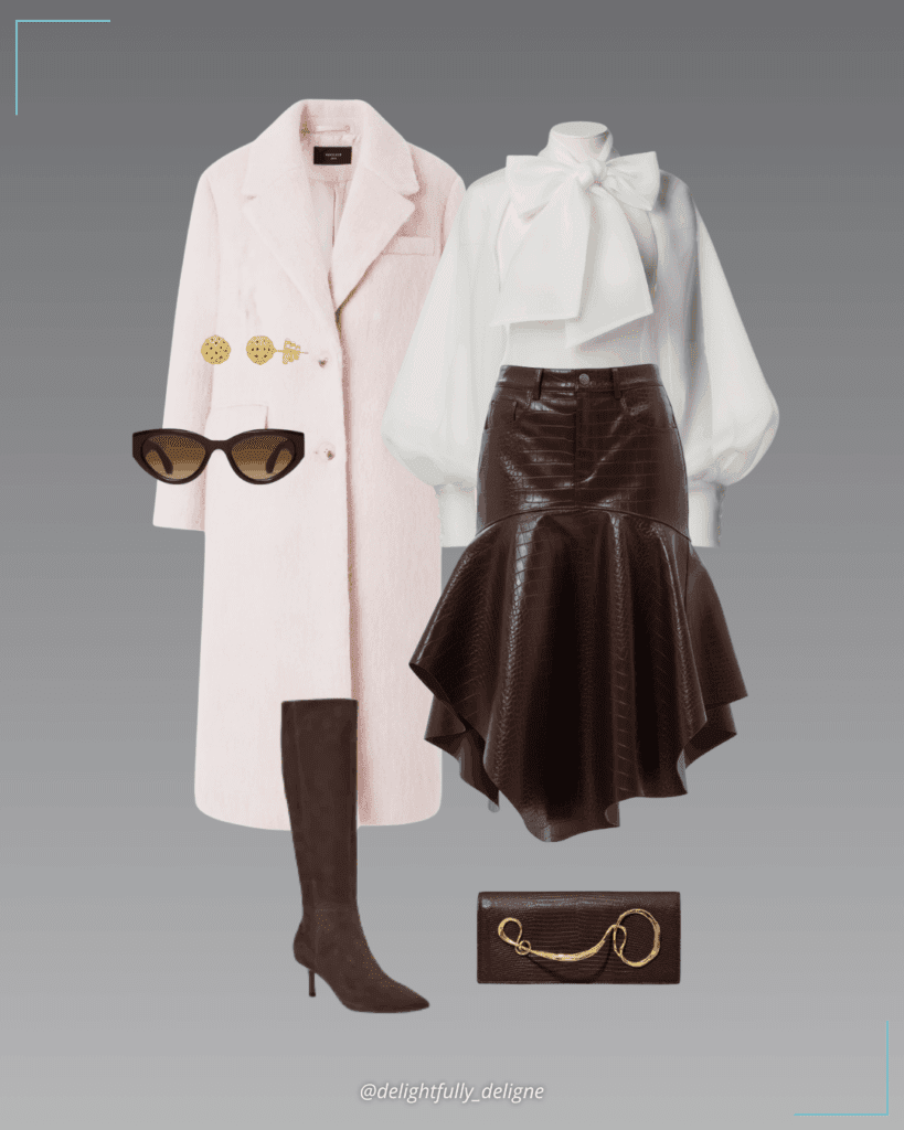 Flared asymmetrical-hem crocodile midi skirt, elegant bow long-sleeve blouse, oversized longline wool-blend coat, brown suede knee-high boots, twisted gold side-handle clutch, weave ball stud earrings, and brown sunglasses.