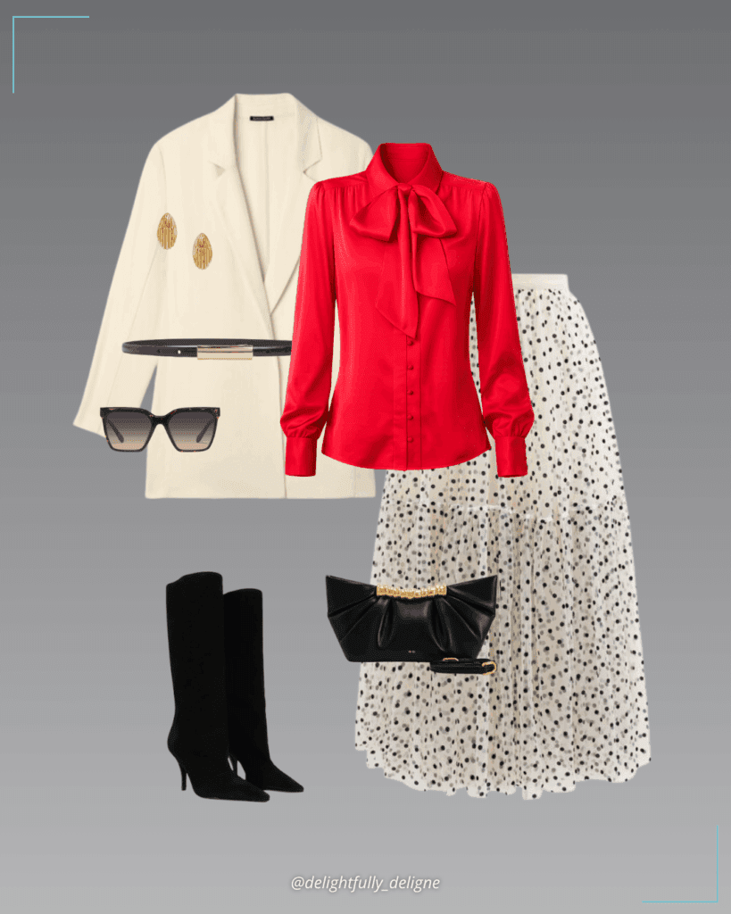 Long-sleeve button-down shirred collared top with bow, soft-white stretch wool crepe long blazer, dots mesh tulle skirt, leather belt, pleated faux-leather clutch, suede boots, Quay Level Up sunglasses, and small ribbed drop earrings.