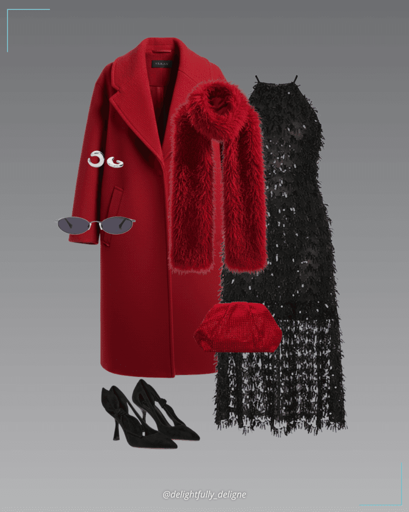 Fallon black sequin halter midi dress, shaggy faux-fur scarf, crystal frame satchel, large open stud earrings, Bunnie pumps, red oversized Italian virgin wool coat, and oval sunglasses.