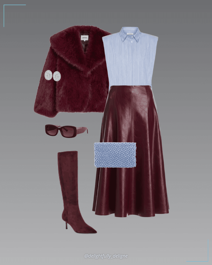 Burgundy faux leather midi skirt, blue stripe shoulder-pad shirt, faux-fur coat, blue clutch, knee-high suede boots, diamond oval halo cluster earrings, and retro sunglasses.
