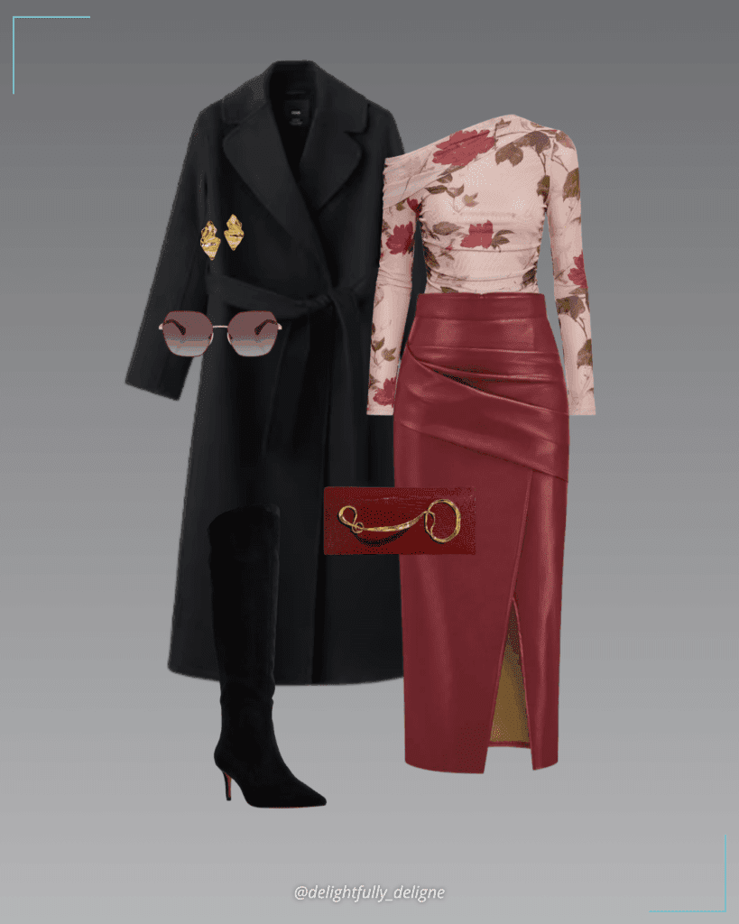 Floral print off-shoulder mesh tee, slit PU leather midi skirt, handmade wool coat with belt, knee-high pointed-toe boots, twisted gold side-handle clutch, crumpled post earrings, and polarized sunglasses.