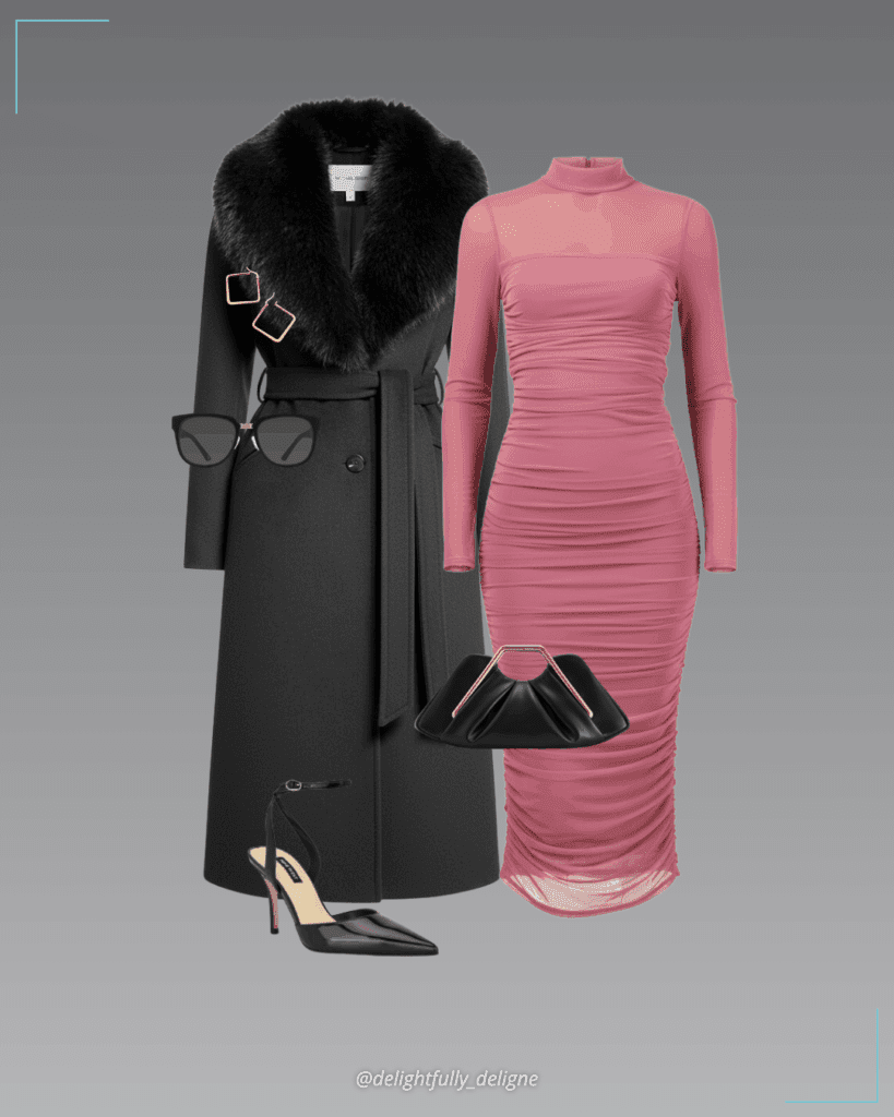 Mesh ruched mock-neck midi dress, faux-fur-trim wool-blend coat, pointy-toe pumps, metal frame clutch, geometric Girl Boss hoop earrings, and square matte black sunglasses.