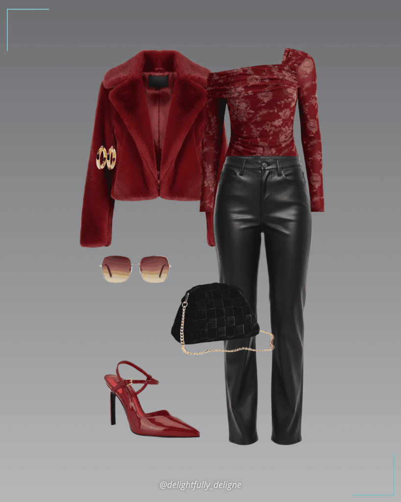 Dark red floral mesh asymmetrical top, relaxed vegan leather pants, wine-red faux-fur cropped jacket, ankle-strap stiletto pumps, thick velvet woven clutch, large tube hoop earrings, and square metallic frame sunglasses.