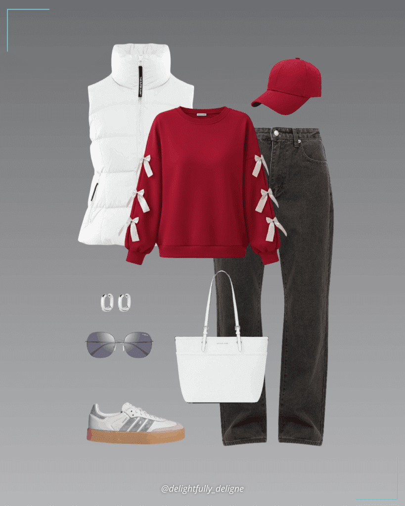 High-waist straight-leg jeans, long-sleeve pullover sweatshirt with ribbon bow tie, Sambae W shoes, The SuperSnug Puff™ vest, large leather zip-top tote bag, baseball cap, square silver sunglasses, and Charlie huggie earrings.