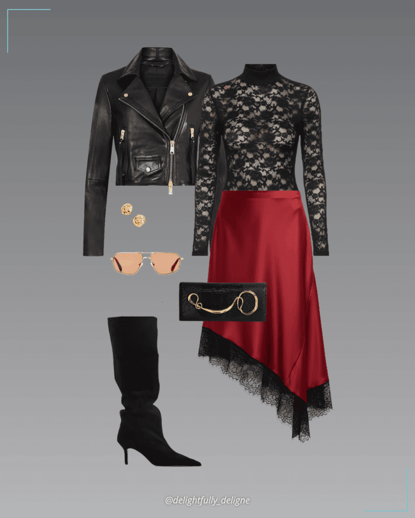 Cropped slim leather biker jacket, lace semi-sheer bodysuit, satin asymmetric lace-trim midi skirt, slouch pull-on knee boots, woven button earrings, gold sunglasses, and twisted gold side-handle clutch purse.