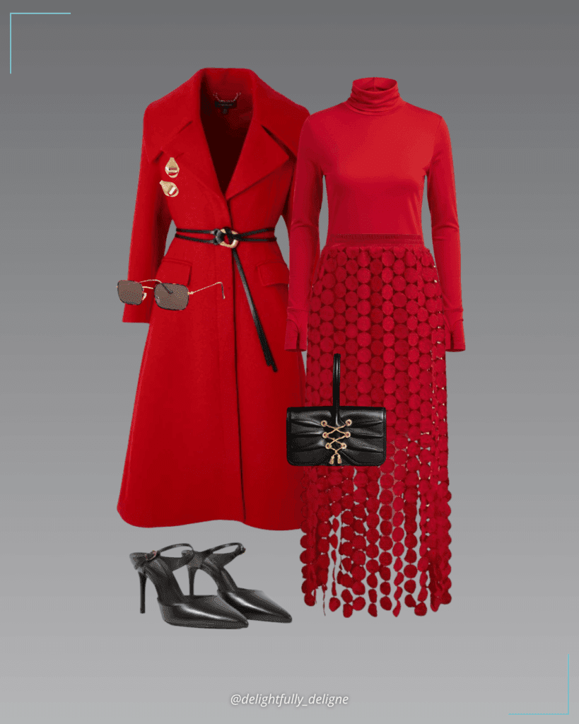 Red turtleneck, chic crochet circle fringe maxi skirt in red, wool shawl-collar belted tailored midi coat, mule leather pumps, lace-up wristlet, rectangle sunglasses, and sculptural drop earrings.