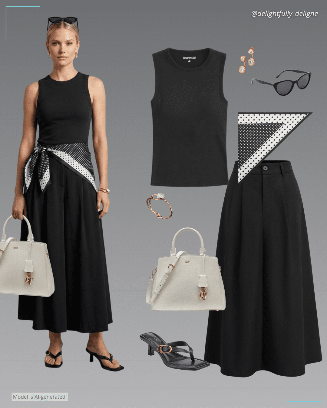 Linen-blend high-rise pocket maxi skirt, bra-free rib high-neck tank, satin check-print scarf, satchel bag, buckle slip-on kitten heel dress sandals, cat-eye sunglasses, gold molten front-back earrings & crystal pebble clasp bracelet. 