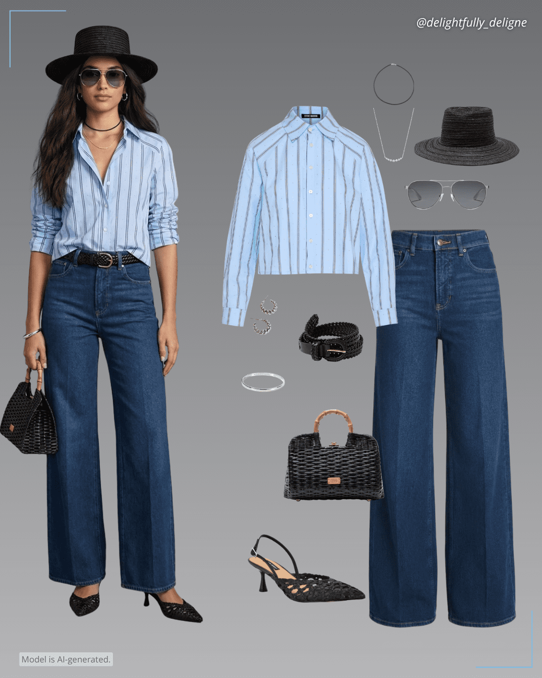 Stripe-pattern long-sleeved button-up shirt, wide-leg jeans, woven belt, Buzzy basket bag, straw Panama hat, Randela mule pumps, spiral hoop earrings, metal sunglasses, Silver Lining Idiom bangle, classic arc cubic zirconia necklace & black leather braided bracelet.