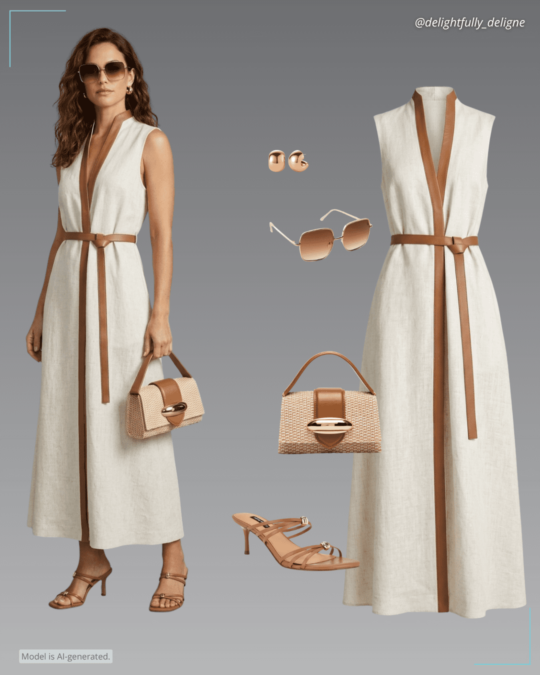 Block sleeveless stand-collar linen-blend dress, micro mini top-handle bag, strappy slip-on kitten heel dress sandals, oversized square sunglasses & hoop earrings