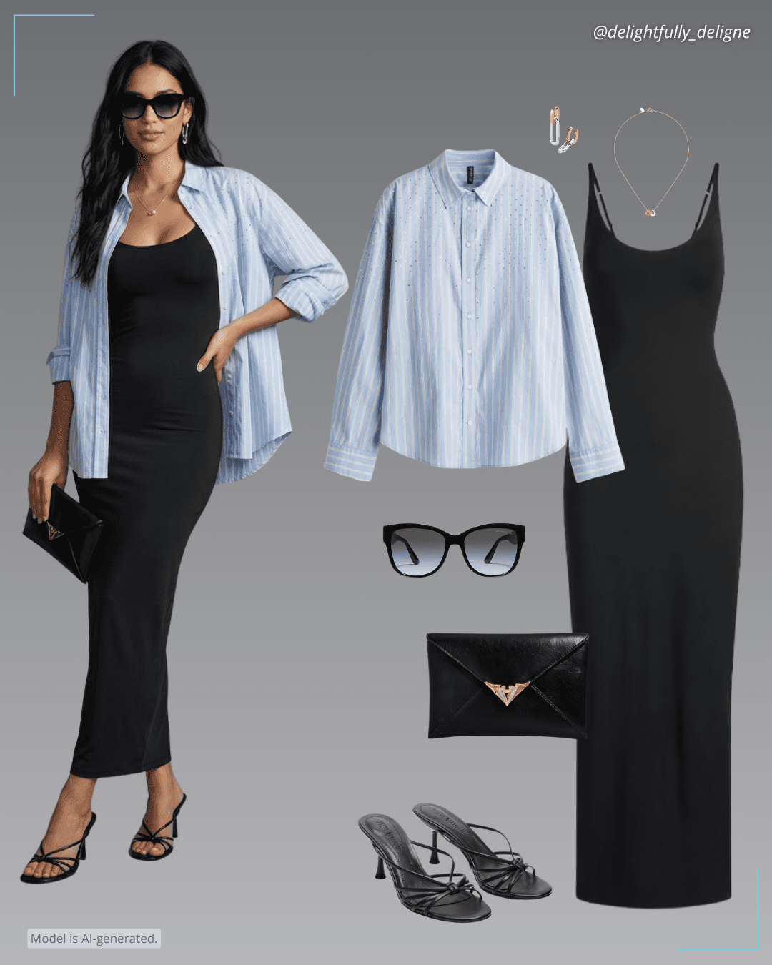 Scoop-neck long dress, oversized cotton shirt, strappy mule heel, envelope clutch, Snug necklace by Salt Grass, detachable link earrings & Lucky Bay sunglasses.