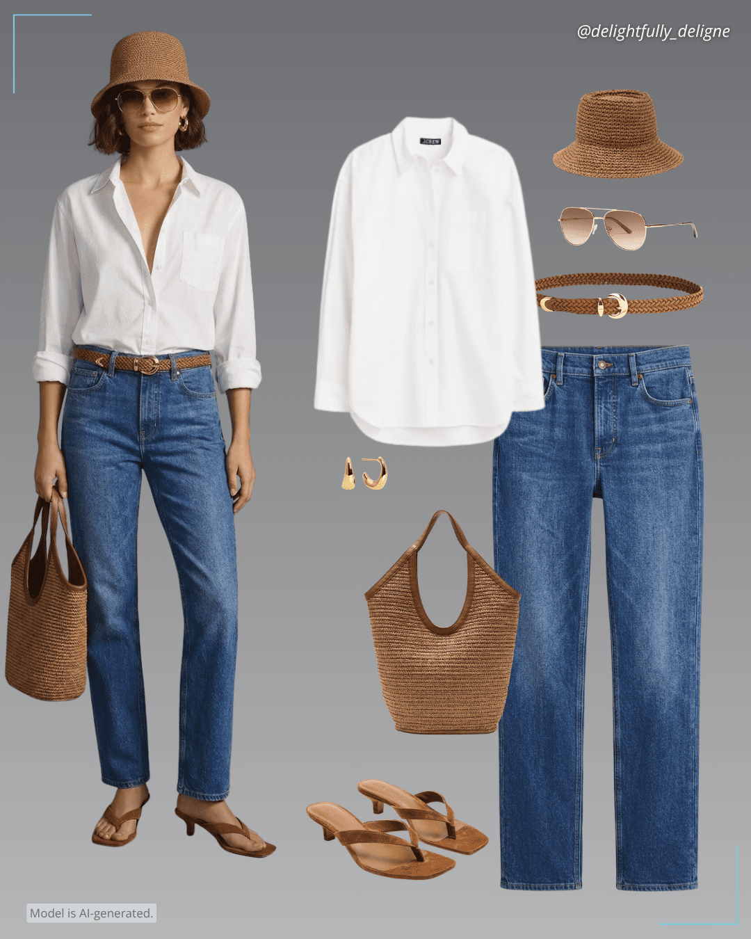 Oversized lightweight oxford shirt, circular longline straight jeans, straw bucket hat, straw hobo tote, chestnut suede thong-strap kitten heels, domed-buckle wide belt, aviator sunglasses & small hoop earrings.