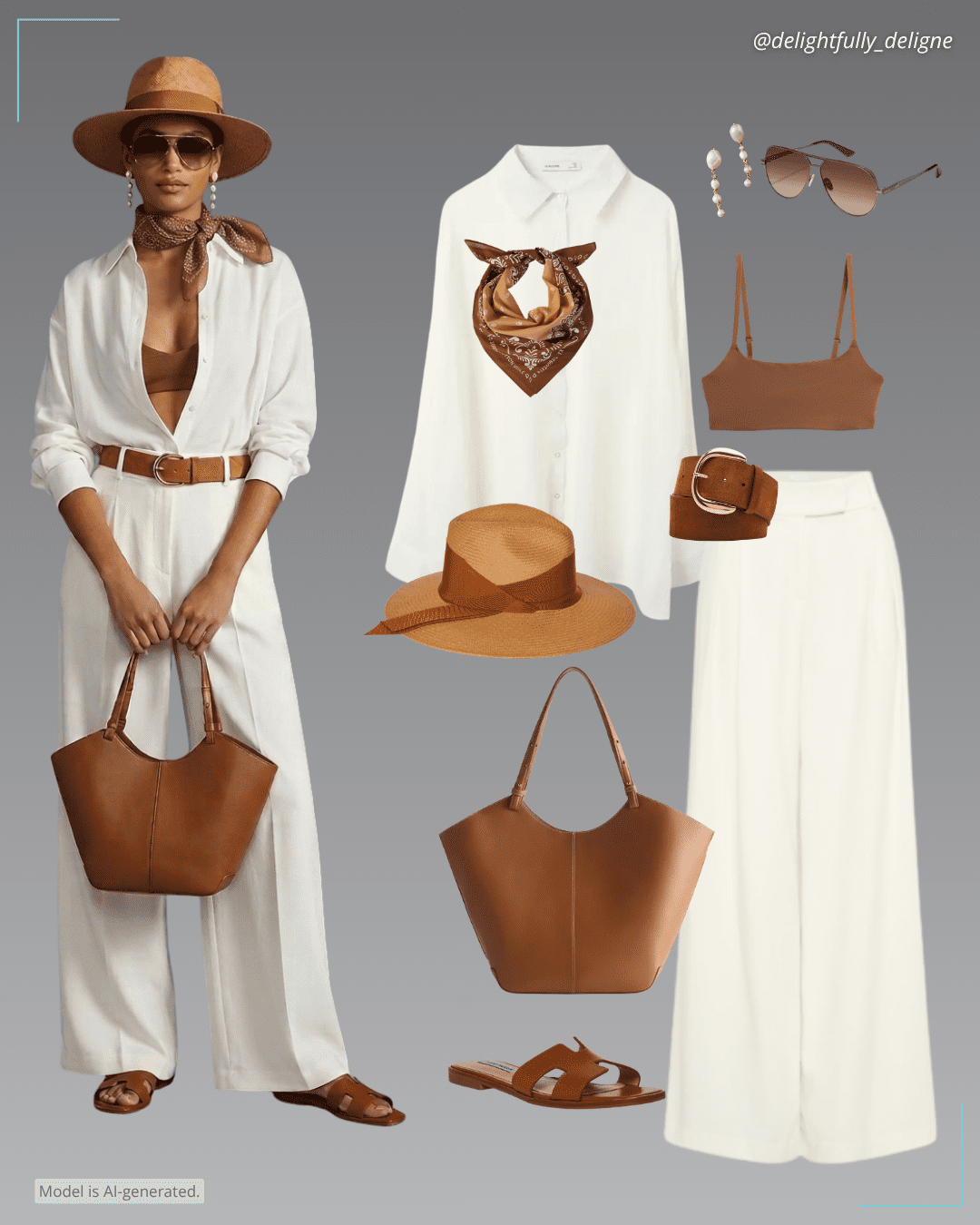 SecondSkin bralette, sheer button-up shirt, pleated wide-leg pants, faux suede wide belt, boho tan paisley floral wrap soft scarf, Italian leather trapeze tote, gardenia hat, slide sandals, aviator sunglasses & pearl drop earrings.